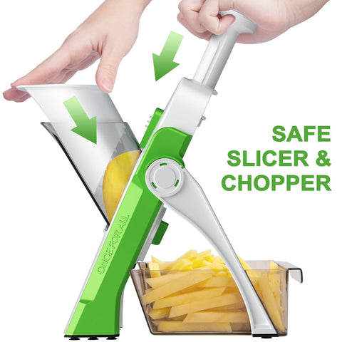 SupMaKin in use cutting potato with pusher for safer prep