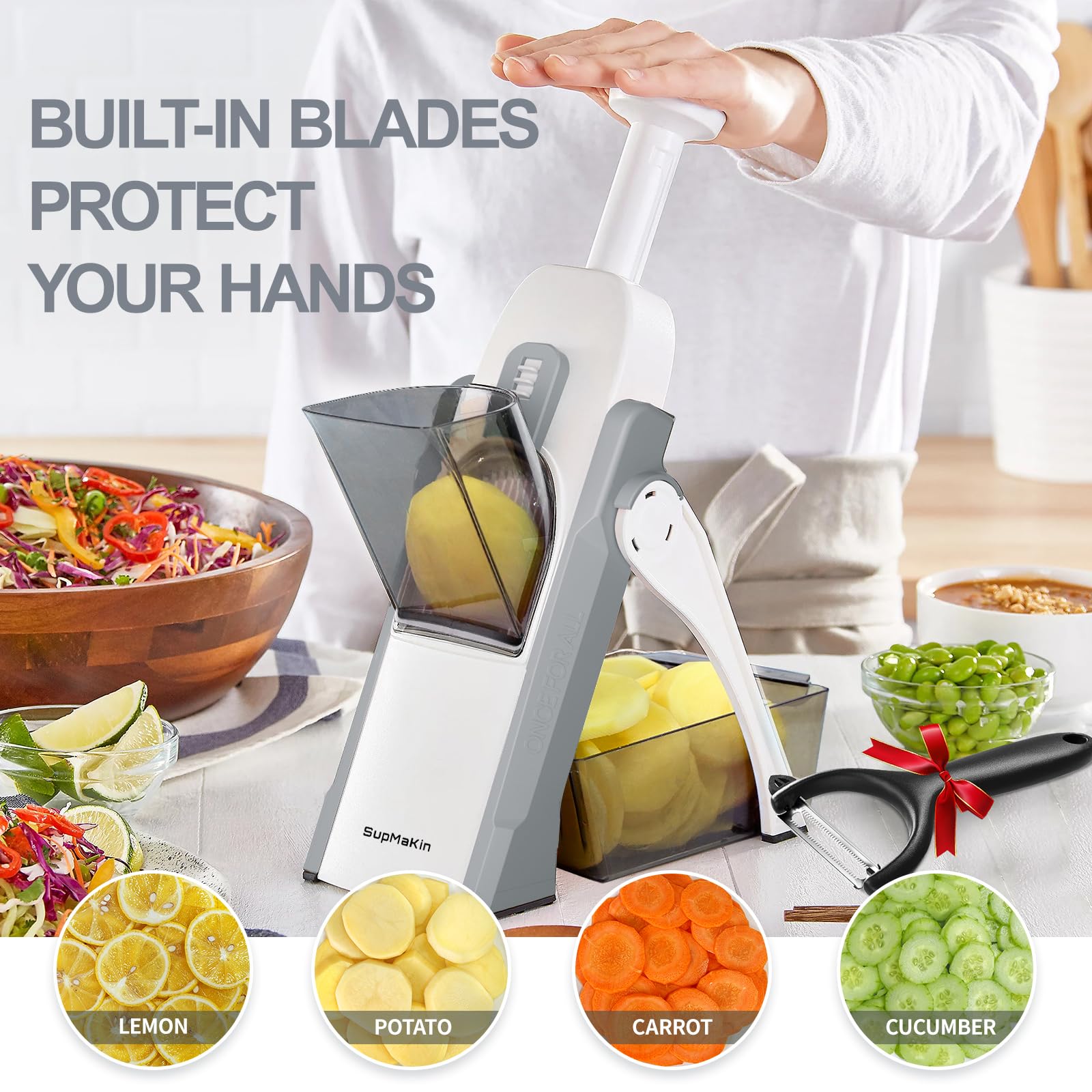 SupMaKin slicing potatoes with push-handle demonstrating quick uniform cuts