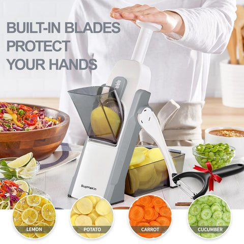 SupMaKin slicing potatoes with push-handle demonstrating quick uniform cuts