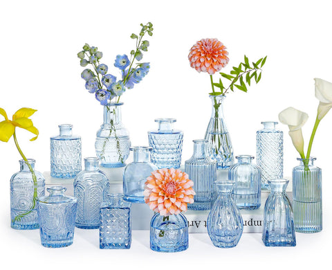 SUPMIND front view of 16 blue vases showing vintage appeal and cohesive decor benefit