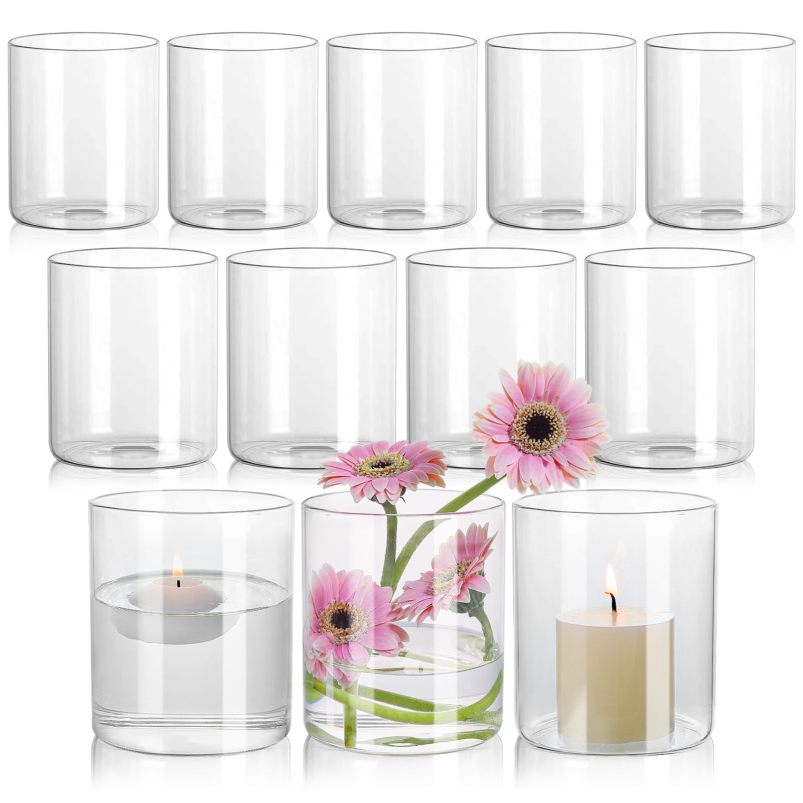 SUPMIND front view of 12-piece clear vases showing neat packaging and uniform height