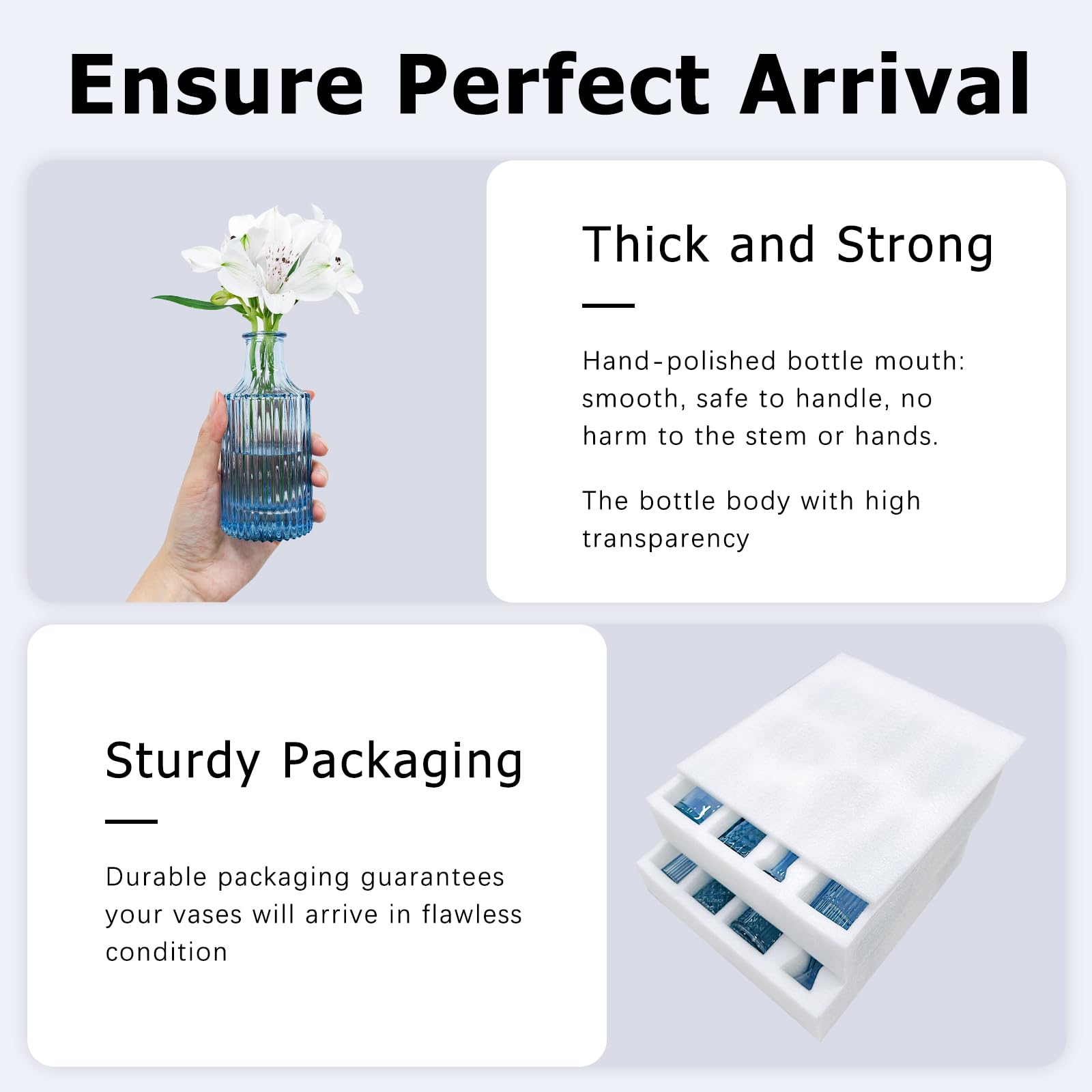 SUPMIND boxed vases with foam showing secure packaging and arrival protection benefit