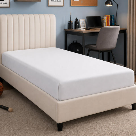 Supreme Elegance fitted sheet front view showing Arctic White, neat fit benefit