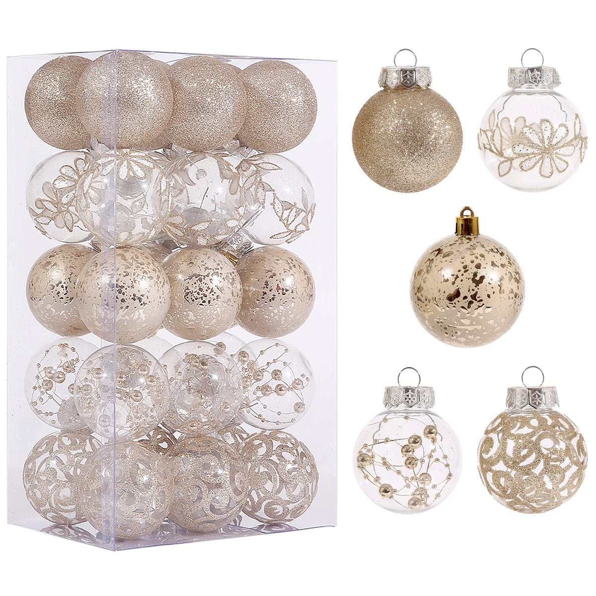 SUPREME XMAS front packaging showing 30 champagne ornaments and safe storage