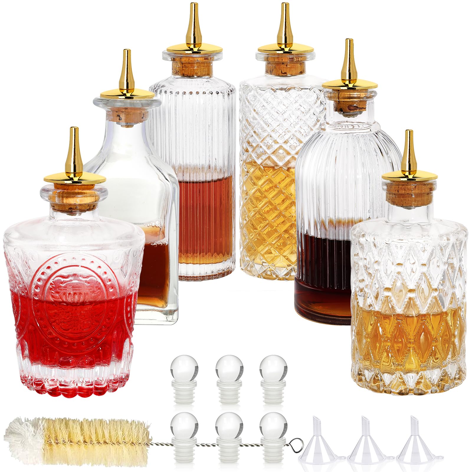 SuproBarware front view of six glass bitters bottles showing neat organization
