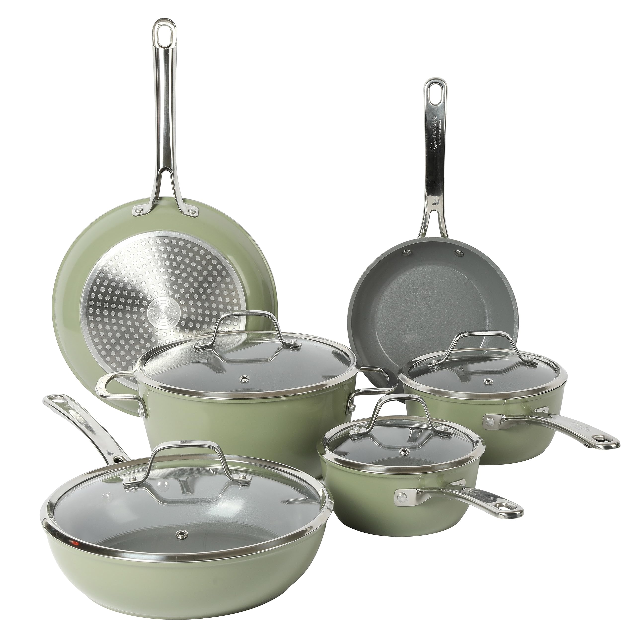 Sur La Table front view of 10-piece green cookware set showing included pots and pans, organized for convenience