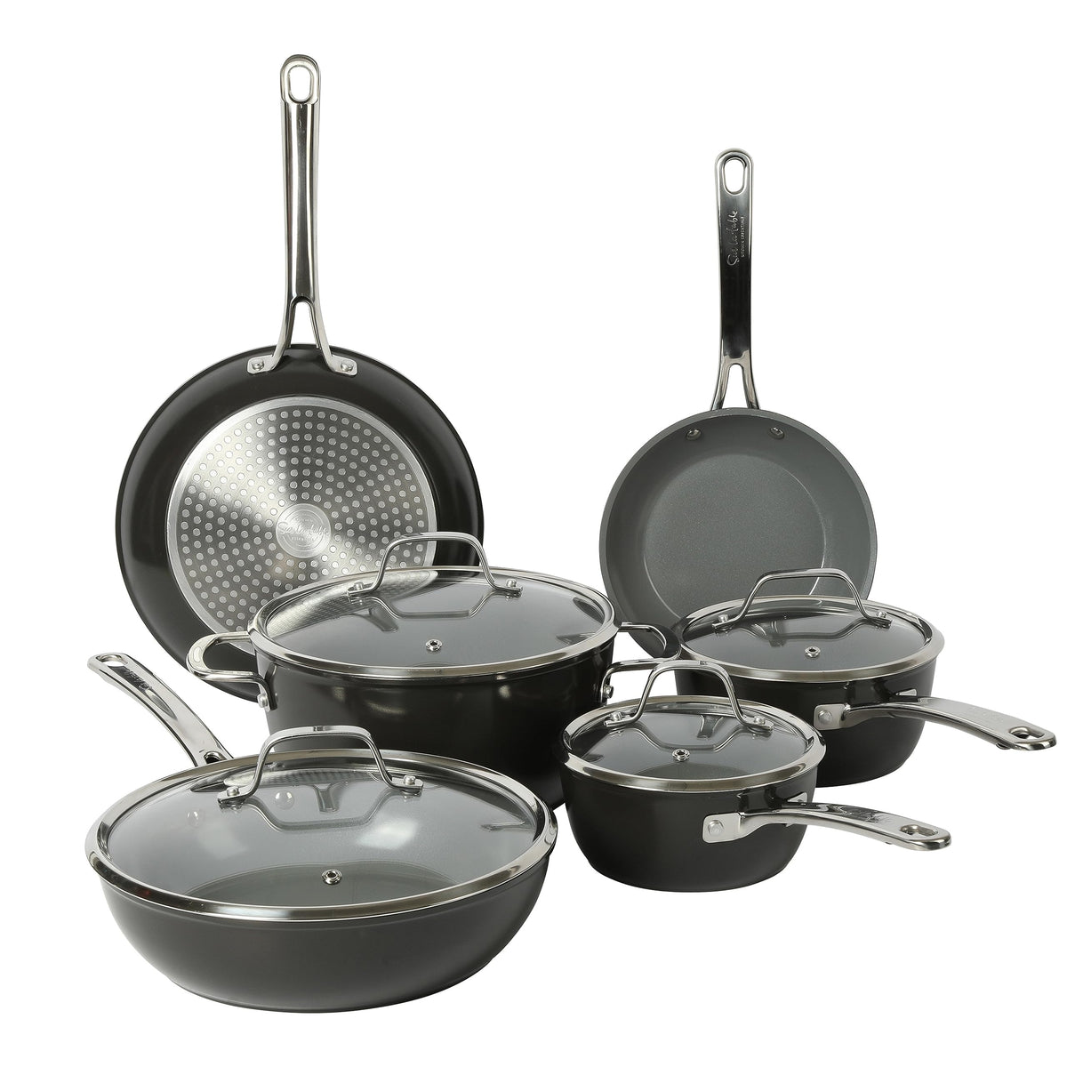 Sur La Table 10-piece set front view showing black finish and included lids for stylish storage