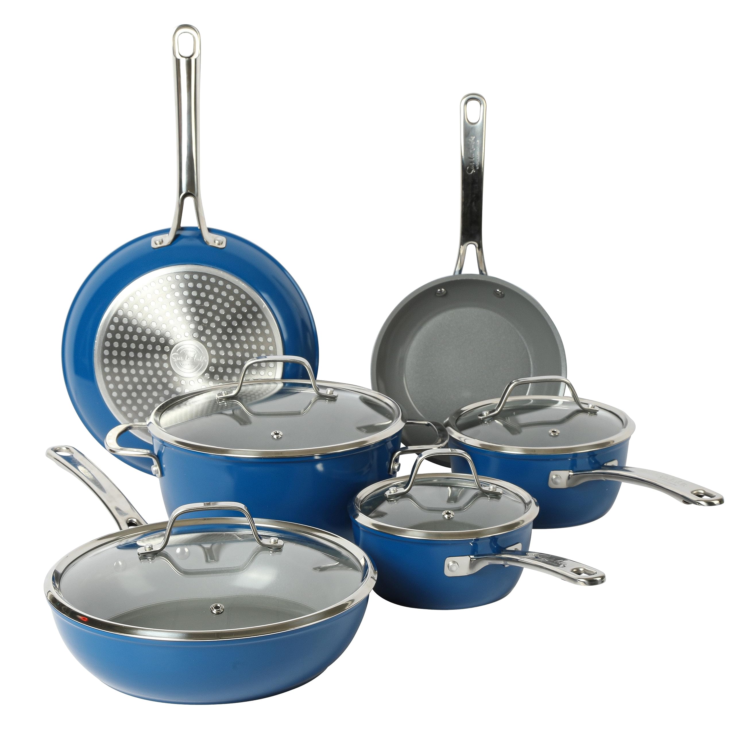Sur La Table front view of blue 10-piece cookware set showcasing contents and color benefits