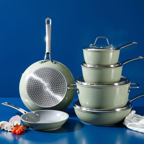 Sur La Table lifestyle shot of green cookware in kitchen inspiring colorful, everyday meal preparation