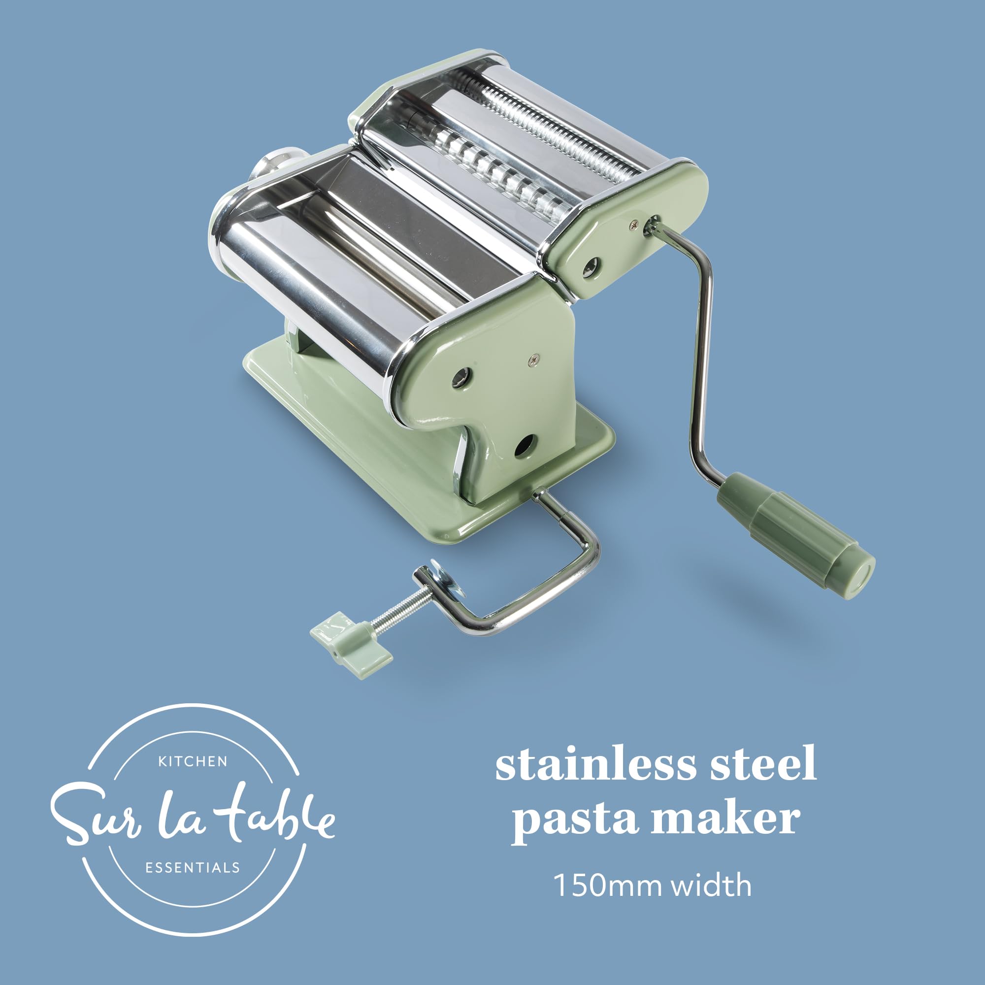 Sur La Table close-up of stainless steel rollers and adjustment dial for precise thickness control