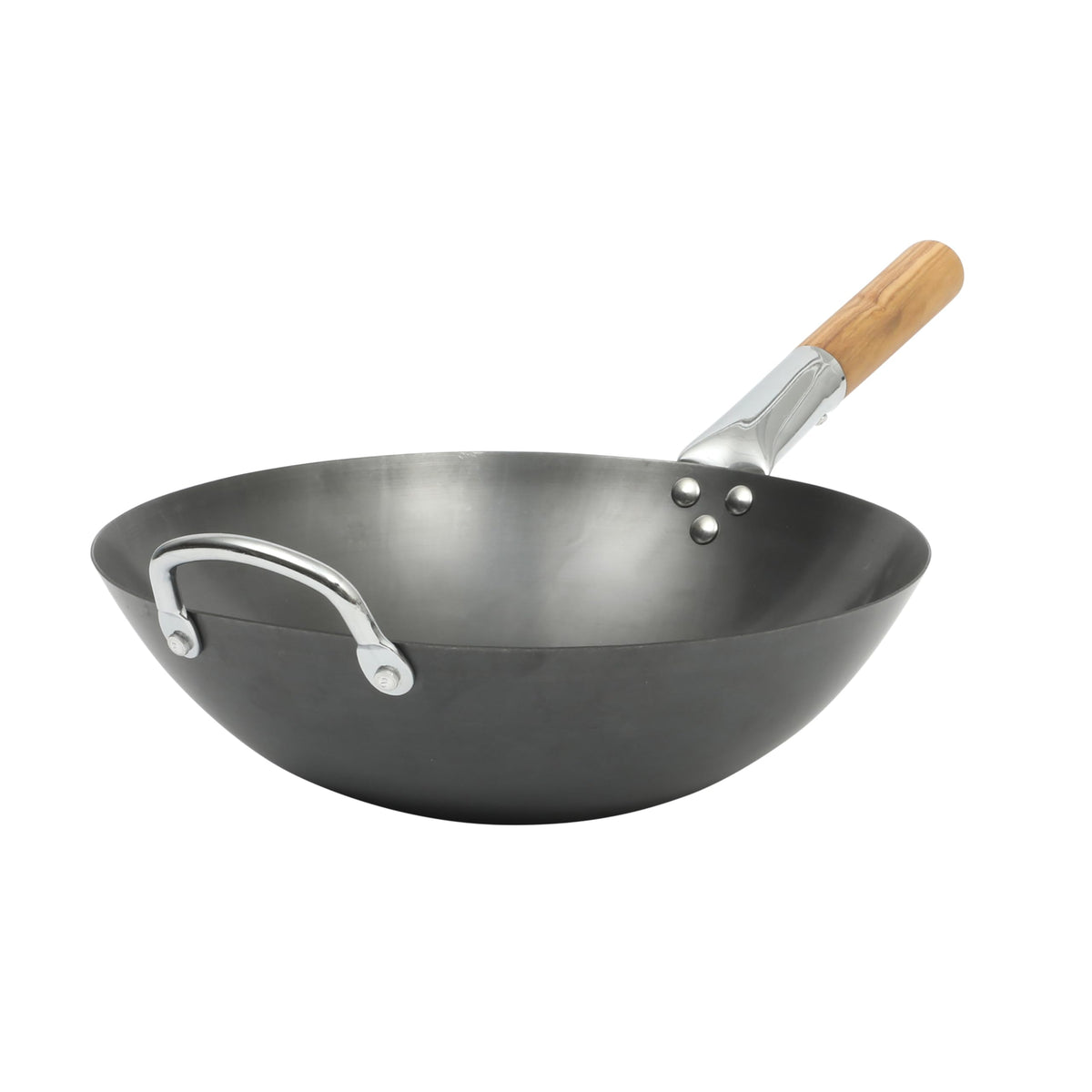 Sur La Table wok front view showing sturdy flat base and wide cooking surface for even searing