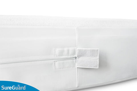 SureGuard encasement fitted on a full mattress in a bedroom showing neat, protected look