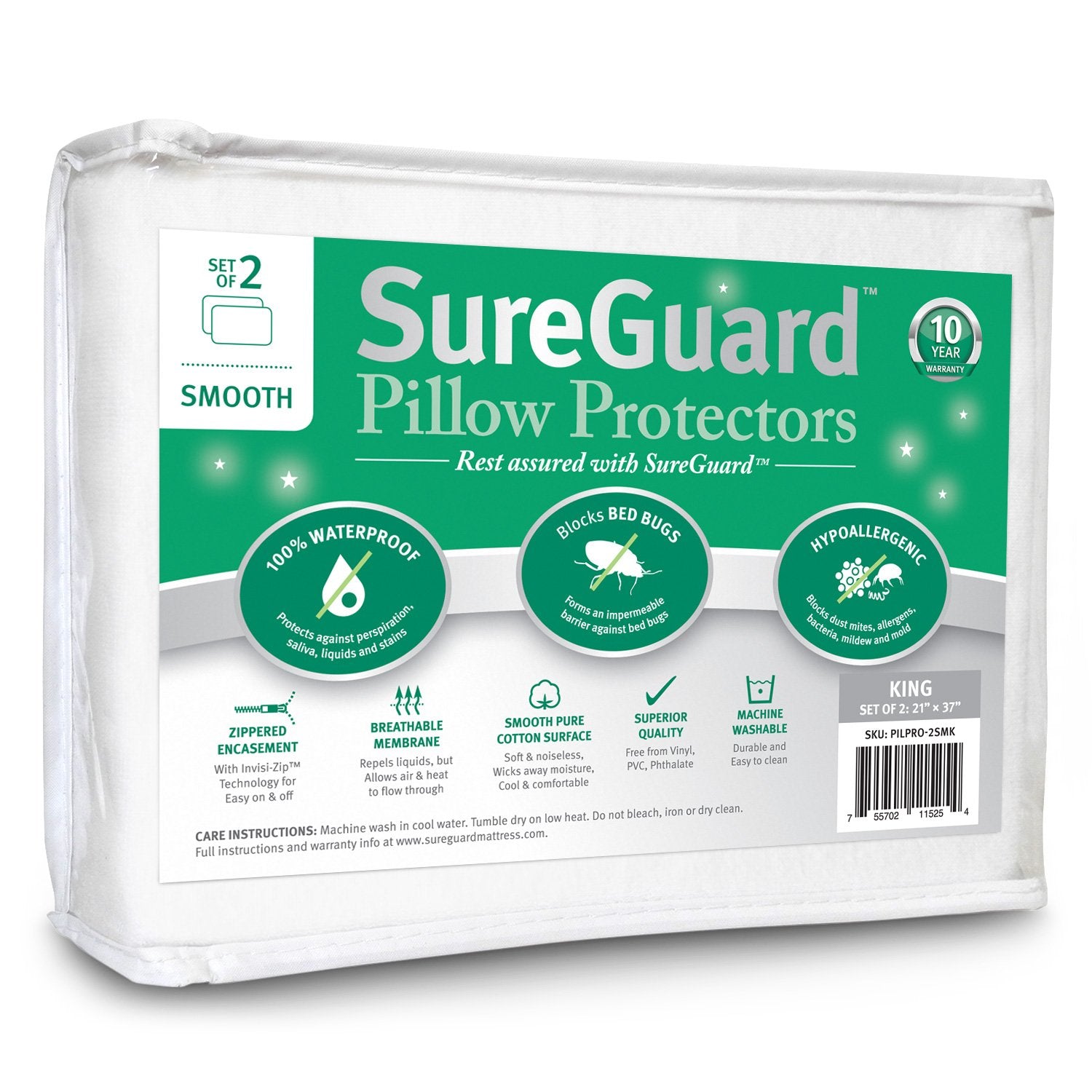 SureGuard front packaging showing two king pillow protectors and key benefits