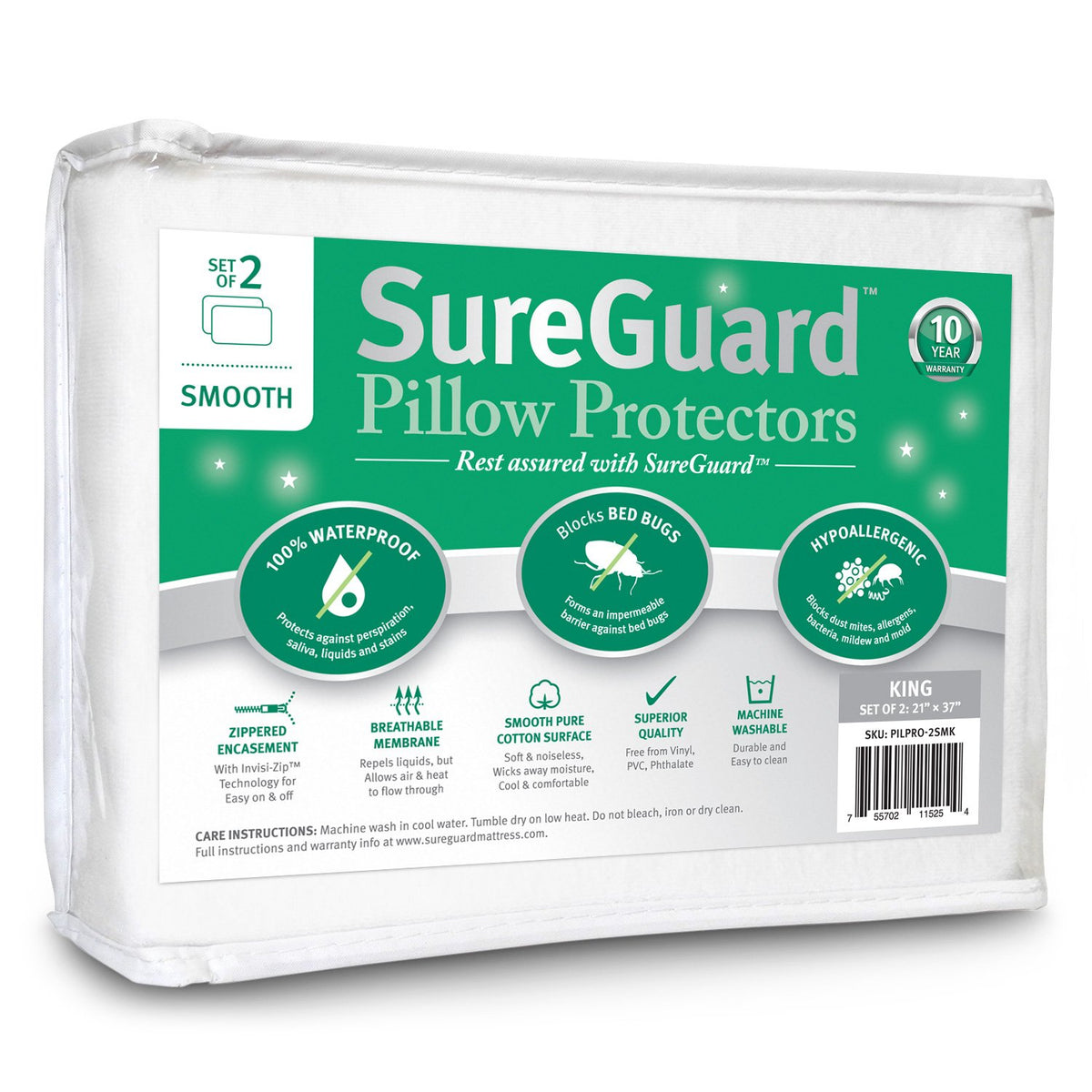 SureGuard front packaging showing two king pillow protectors and key benefits