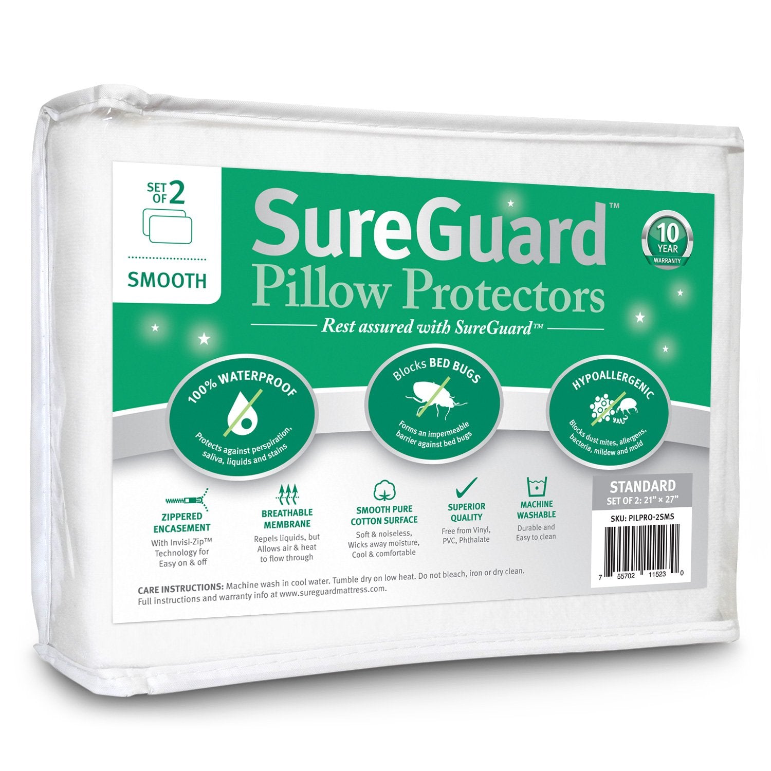 SureGuard front packaging showing two zippered pillow protectors and benefits