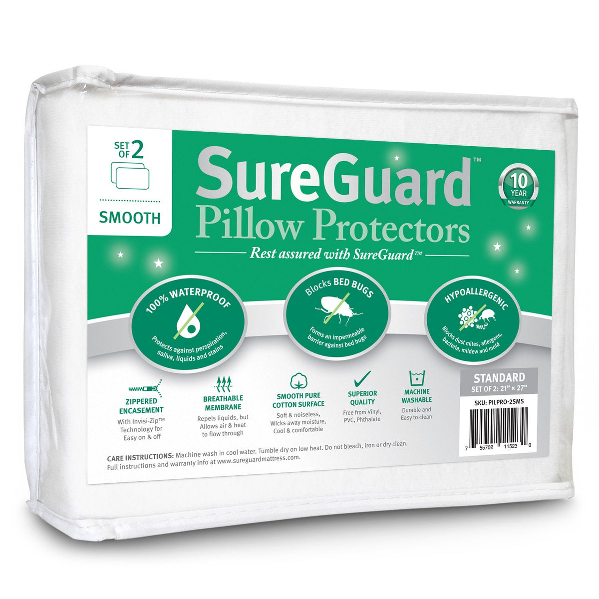 SureGuard front packaging showing two zippered pillow protectors and benefits