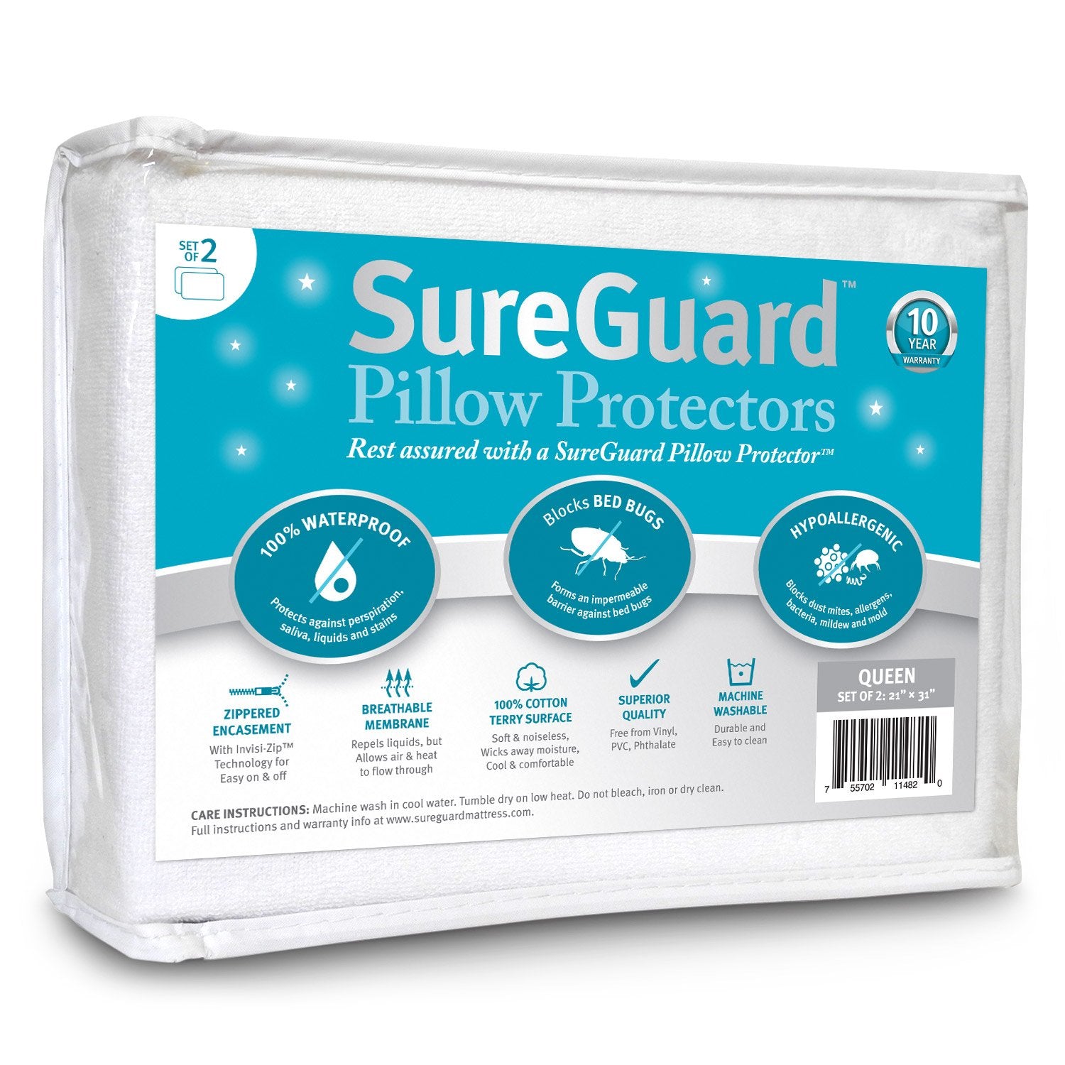 SureGuard front packaging showing two queen pillow protectors and benefits
