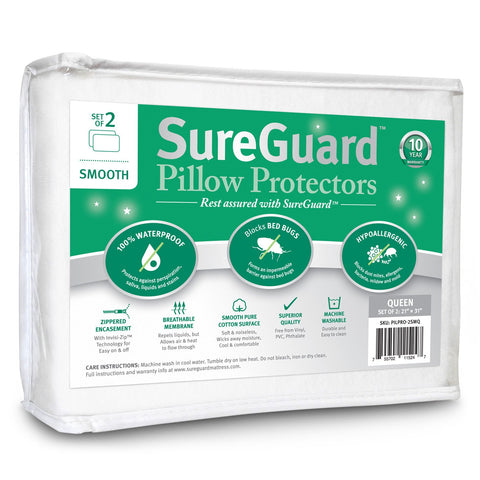 SureGuard front packaging showing two queen pillow protectors and benefits