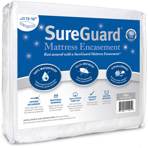 SureGuard full zippered encasement front packaging showing product and size benefits