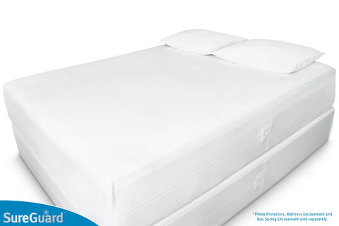 SureGuard protector on pillow showing fit and true-to-size scale