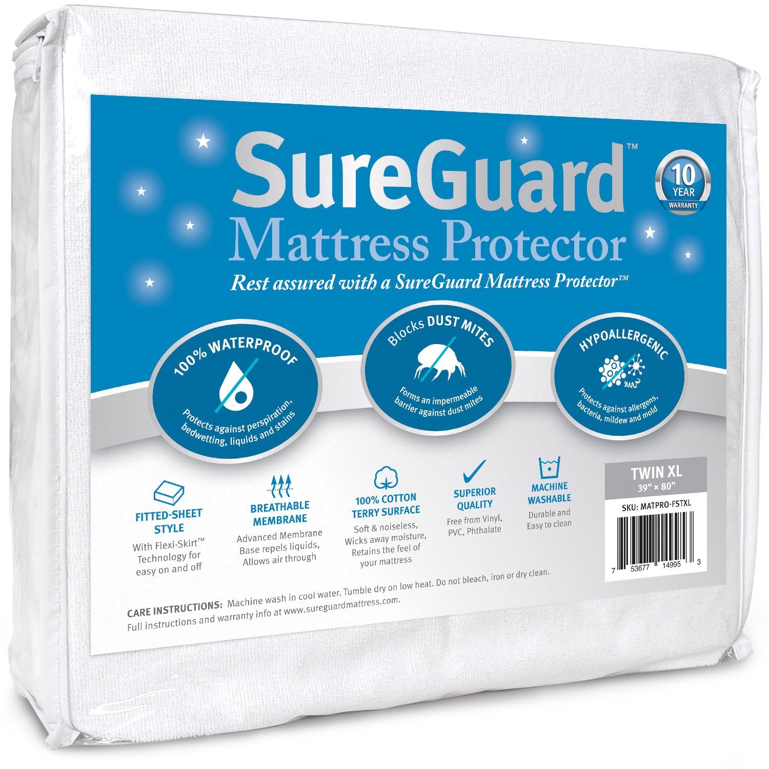 SureGuard Twin XL front view showing fitted protector on mattress for reliable protection