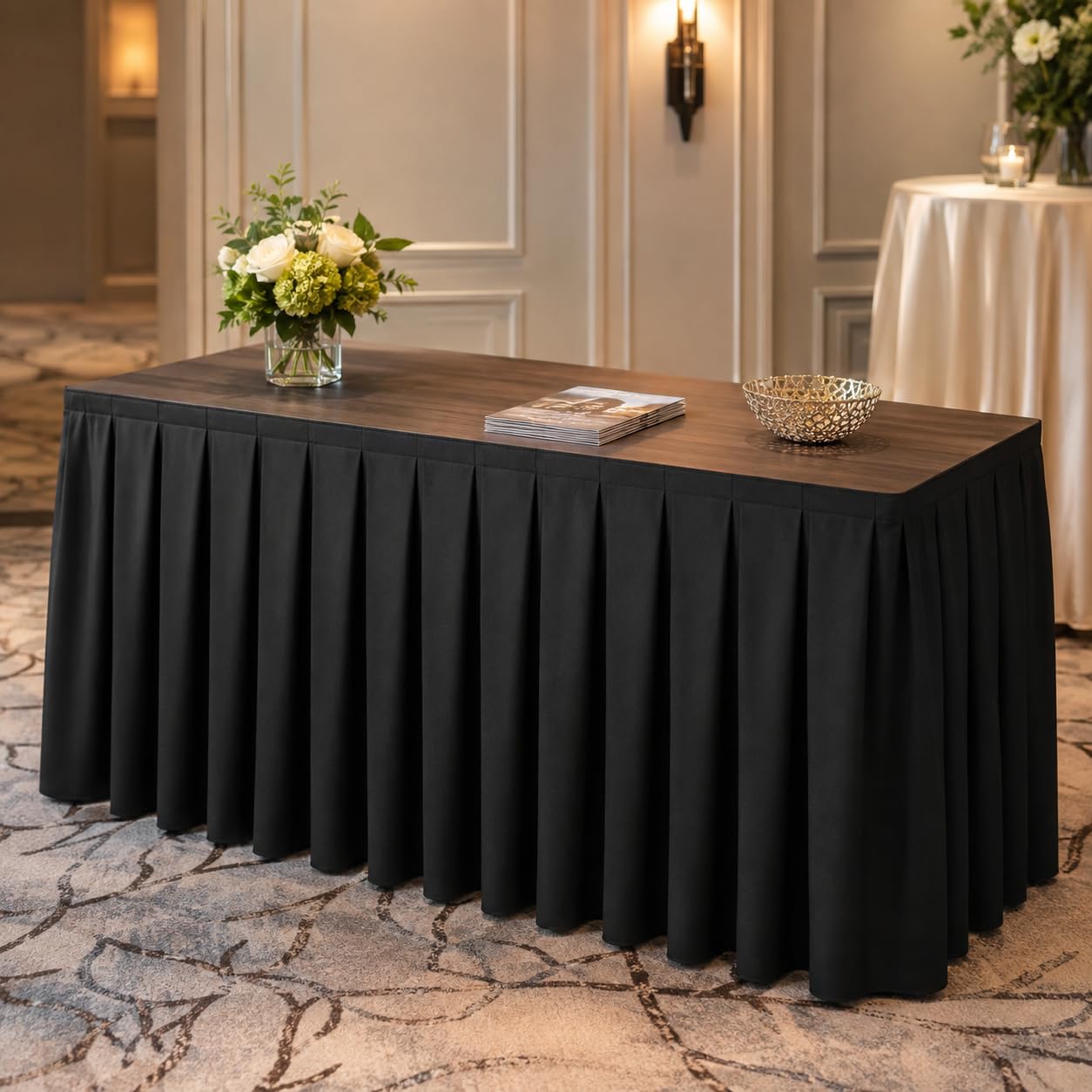 Surmente skirt used at a wedding reception creating elegant unified table styling