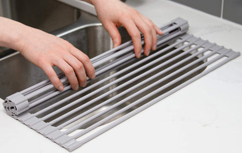 Surpahs warm gray rack in a kitchen setting adding functional counter space