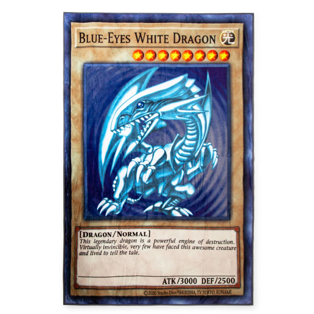 Surreal Entertainment Blue‑Eyes throw front view showing full card art and vivid colors for display