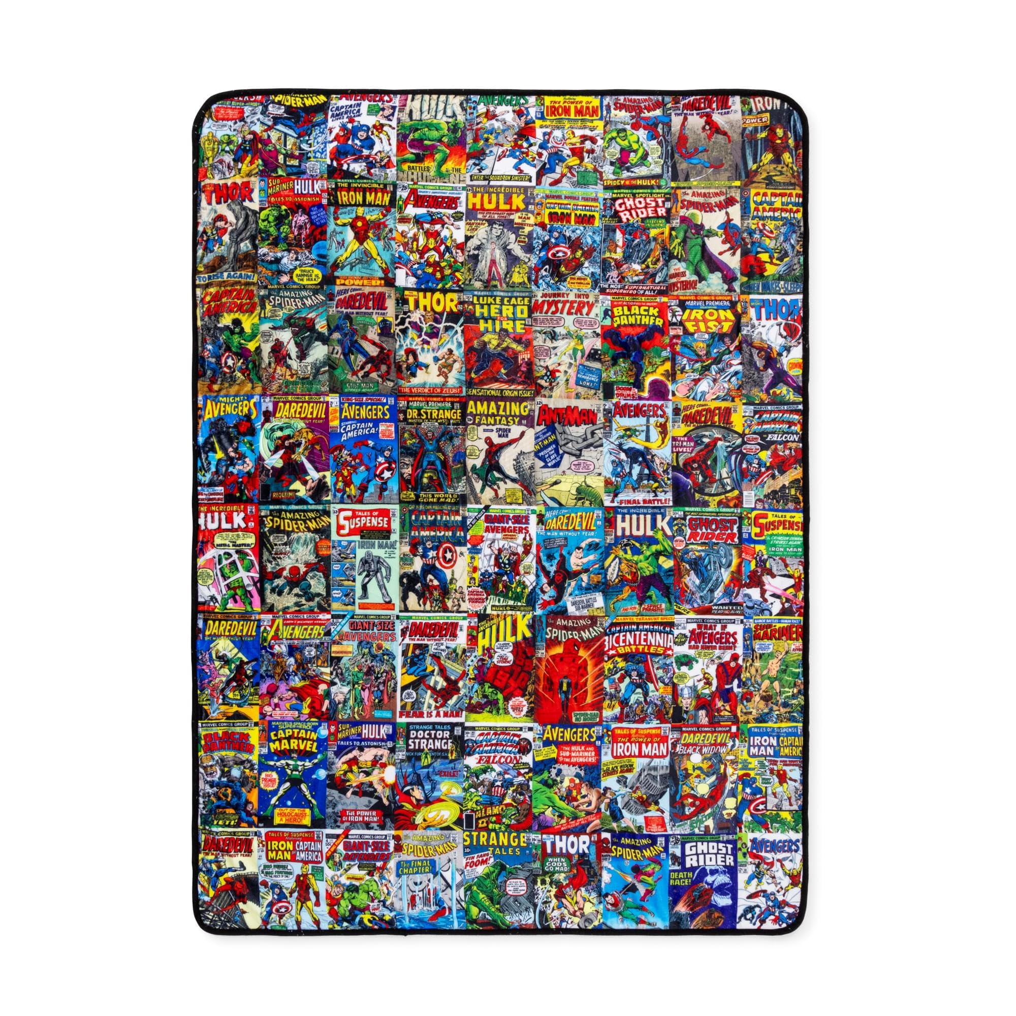 Surreal Entertainment front view of Marvel covers blanket showing bold colorful collage and fan appeal
