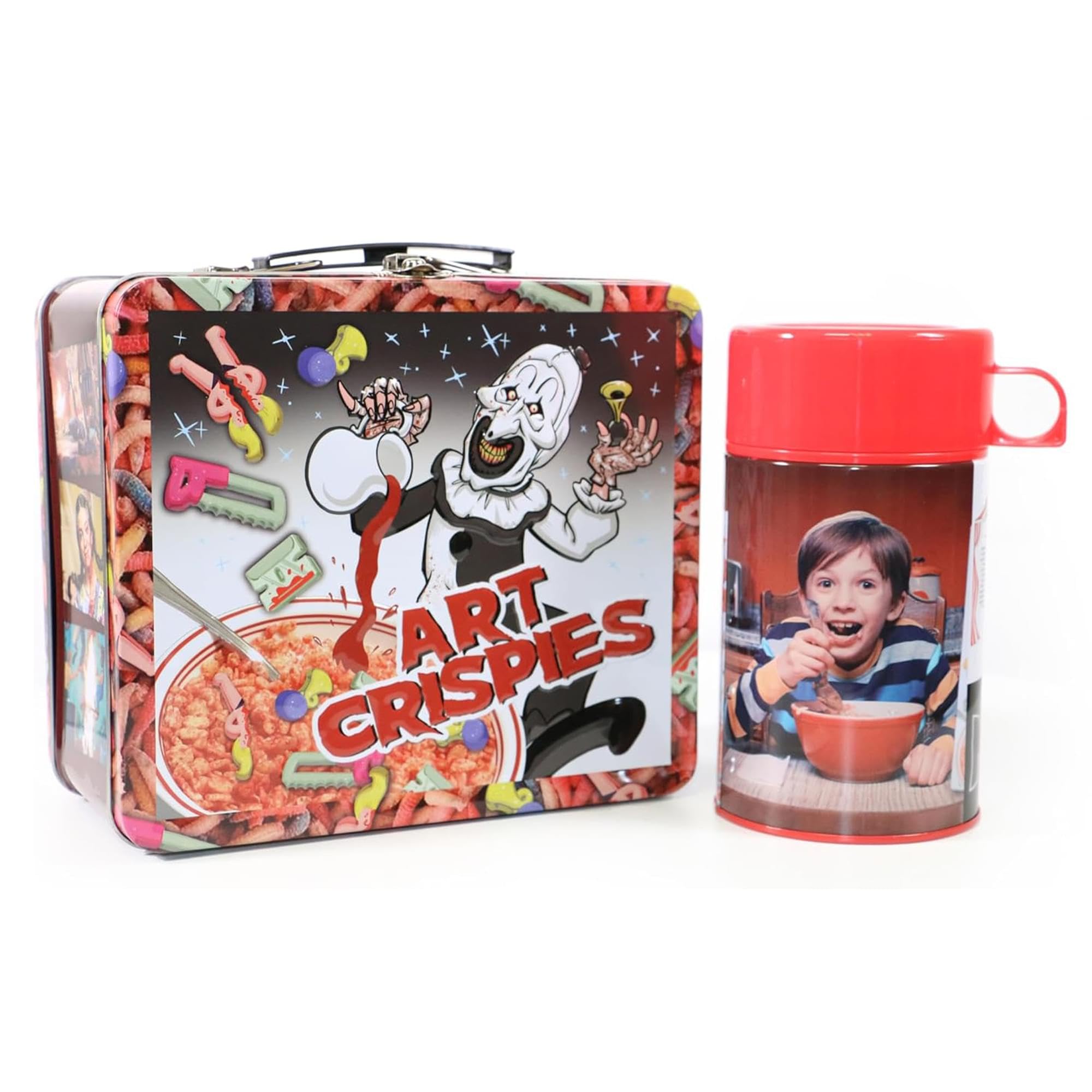 Surreal Entertainment front view of Terrifier tin lunch box showing bold artwork and durability