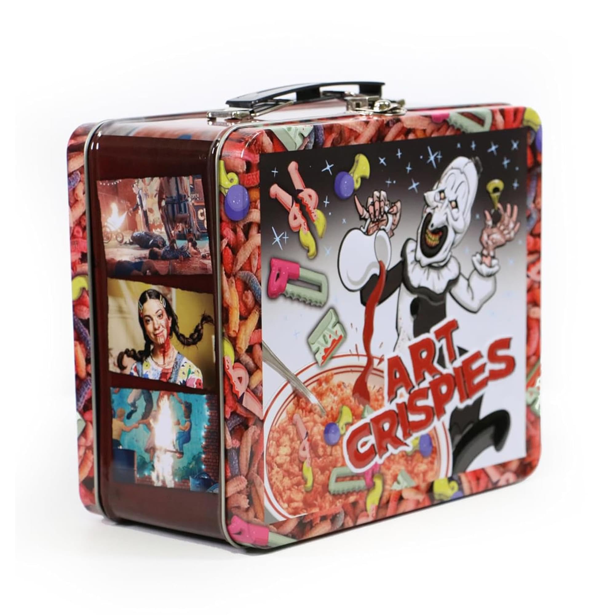 Surreal Entertainment handle and latch of Terrifier tin for easy carry and secure closure