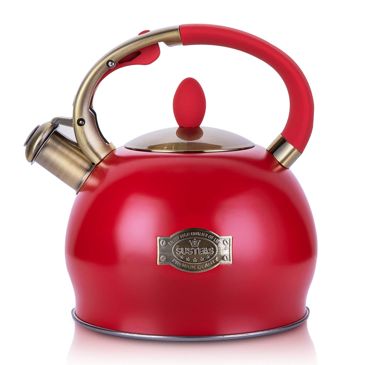 SUSTEAS front view red kettle showing elegant design and quick boiling benefit