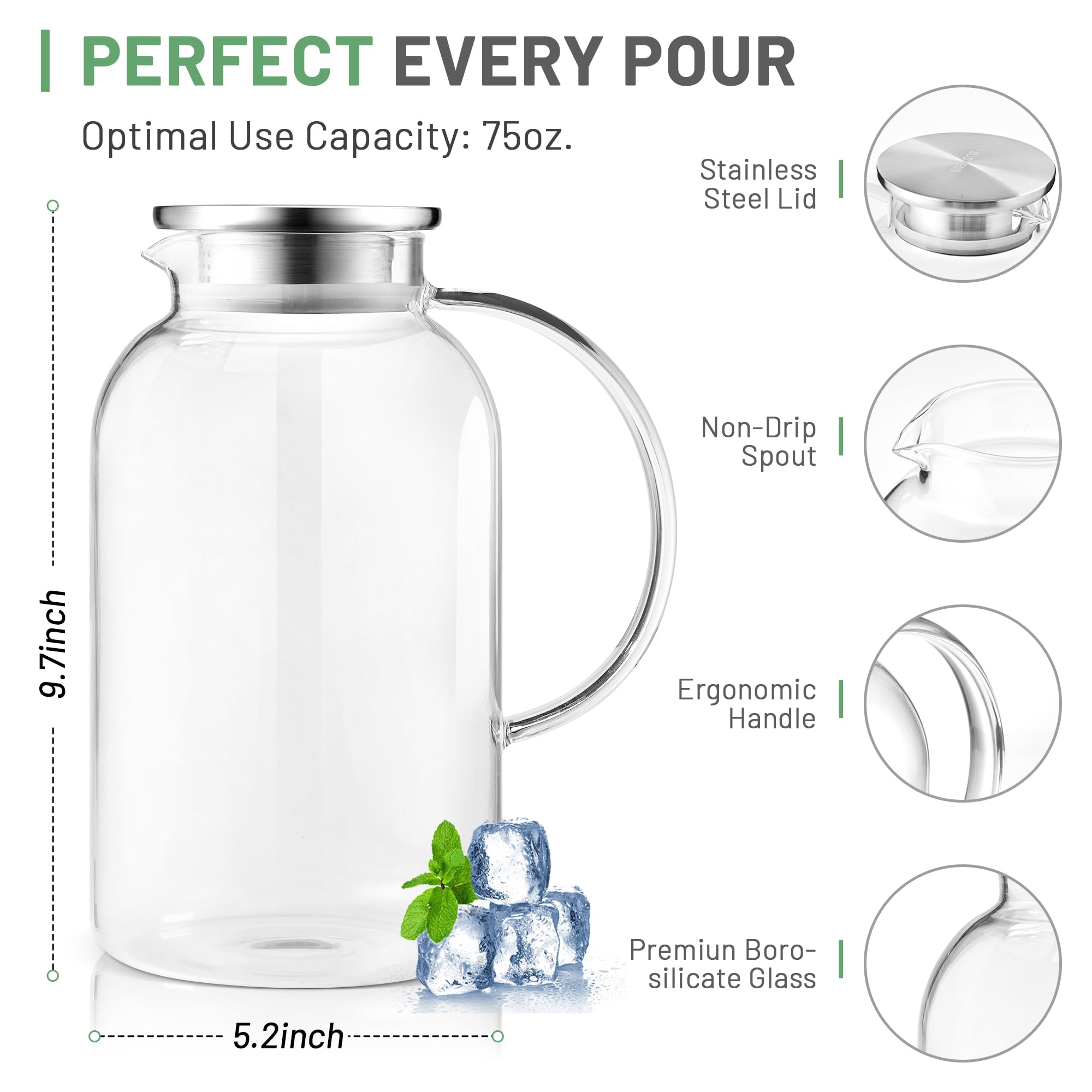 SUSTEAS handle and drip‑proof spout detail showing ergonomic grip for spill‑free pouring