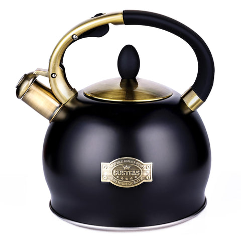 SUSTEAS kettle front view showing sleek black finish and capacity benefit