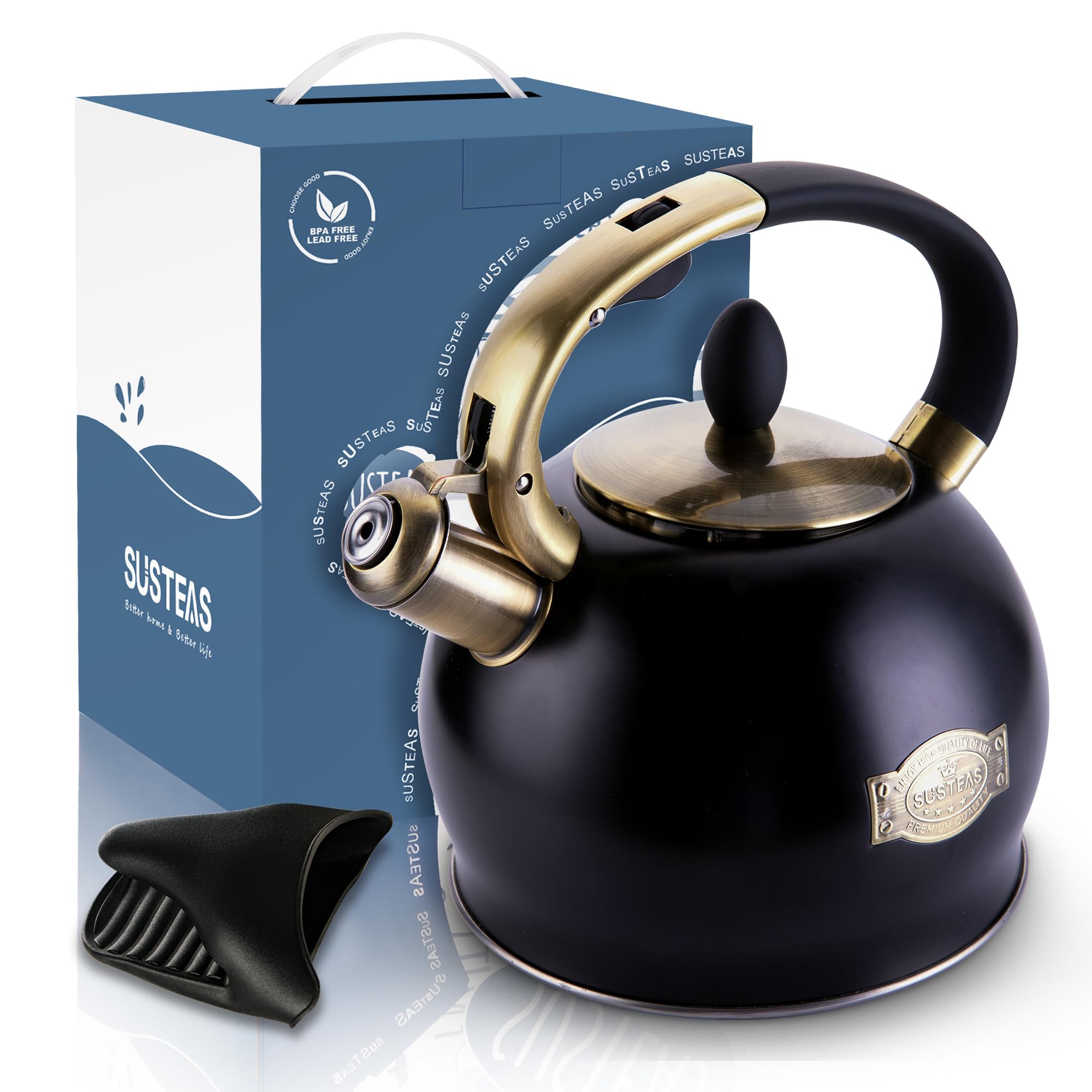 SUSTEAS kettle beside a cup to show scale and family-serving capacity