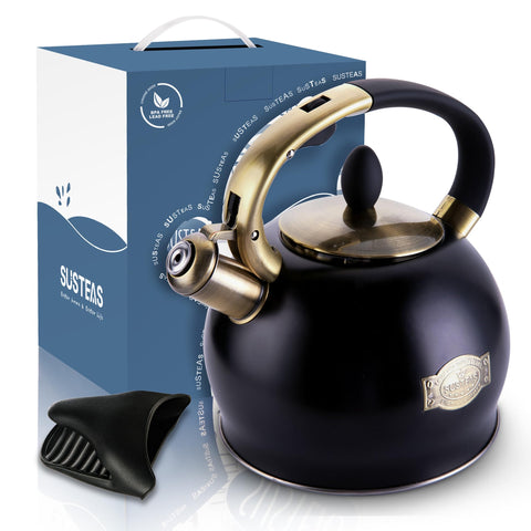 SUSTEAS kettle beside a cup to show scale and family-serving capacity