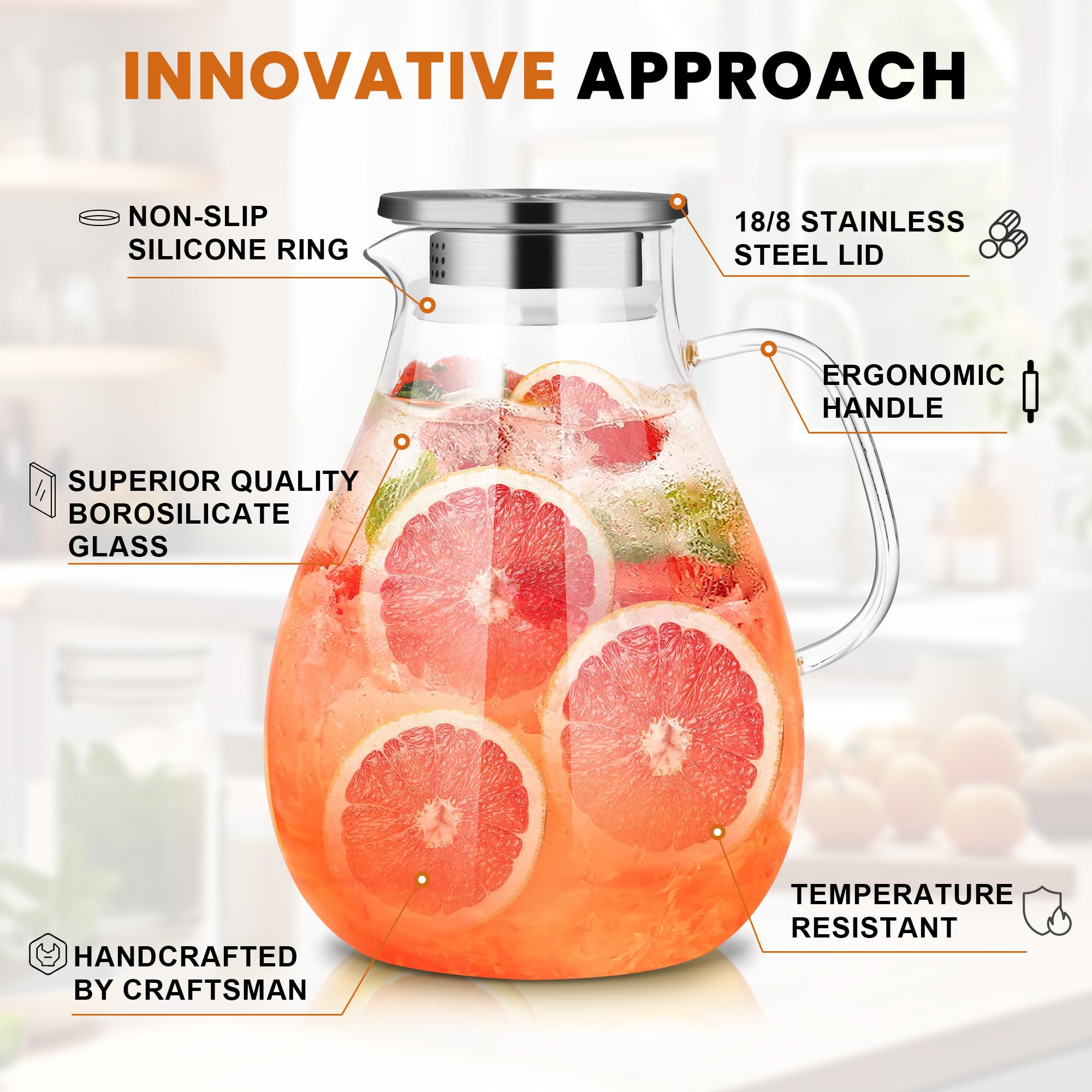 SUSTEAS pitcher on outdoor table with fruit showing stylish presentation benefit