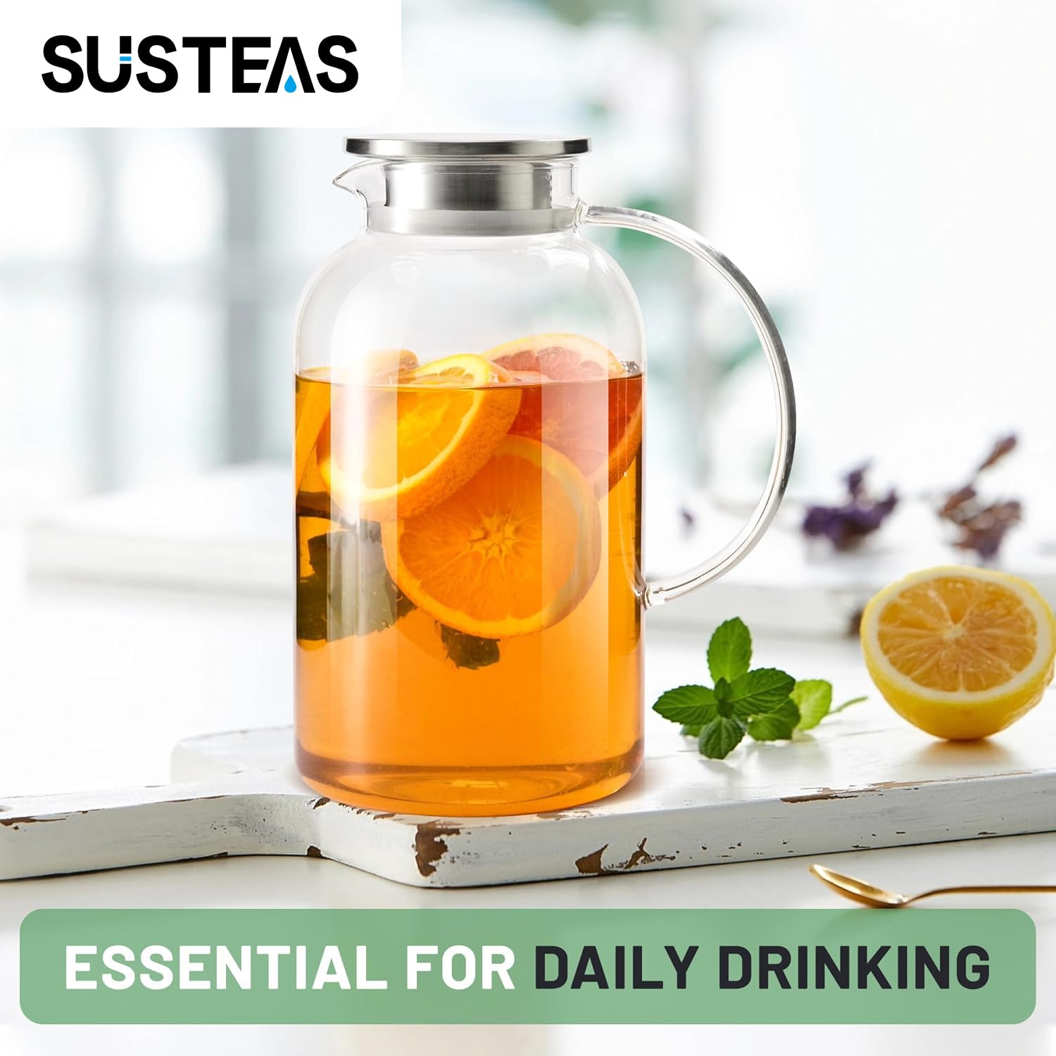 SUSTEAS pitcher beside a measuring cup showing 2.2L scale benefit for portioning