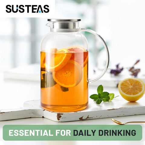 SUSTEAS pitcher beside a measuring cup showing 2.2L scale benefit for portioning