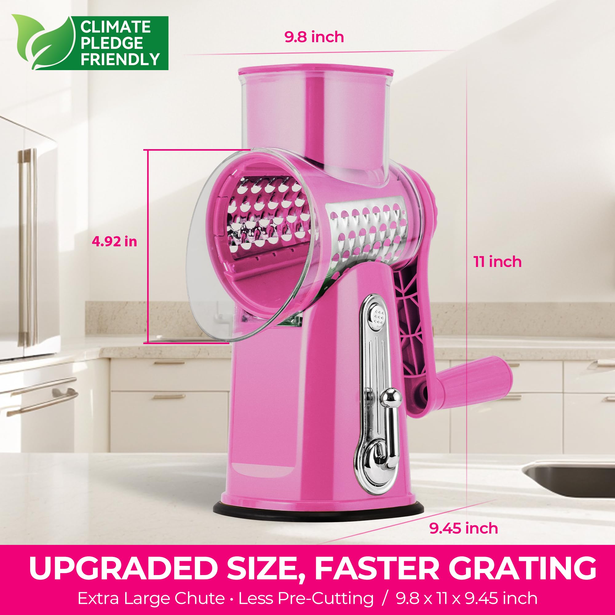 SUSTEAS suction base detail showing stable attachment to countertop for safety