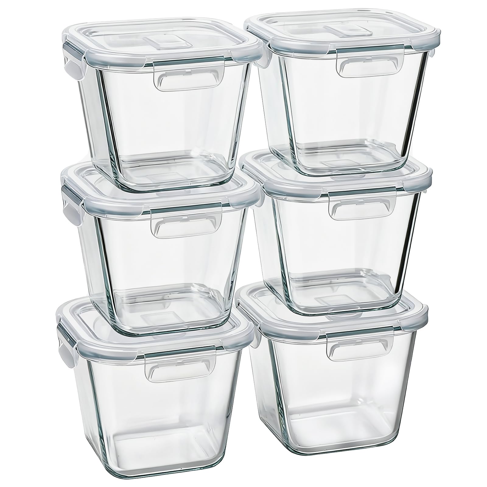 Susukkie front view of six 32 oz containers showing tidy stack and clear glass for organized storage