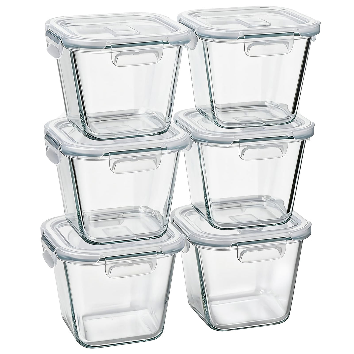 Susukkie front view of six 32 oz containers showing tidy stack and clear glass for organized storage