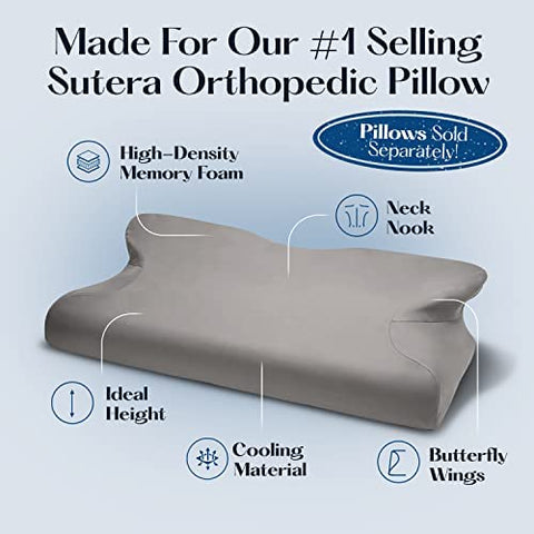 Neatly folded SUTERA pillowcase packaged for storage with compact, travel-ready benefit