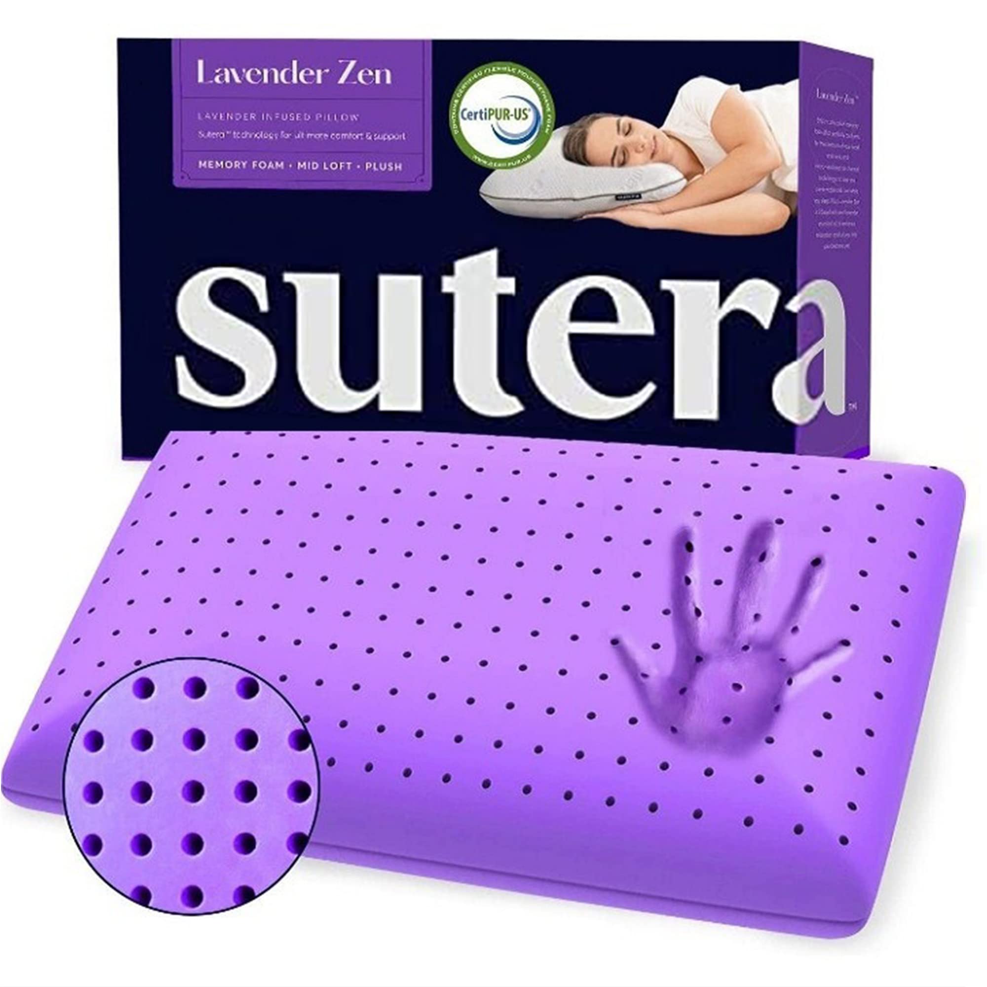 SUTERA front-facing pillow showing branding and plush profile for comfortable sleep