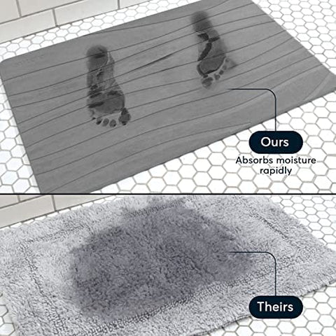 SUTERA mat beside bare foot showing 23.5x15 inch scale and comfortable underfoot
