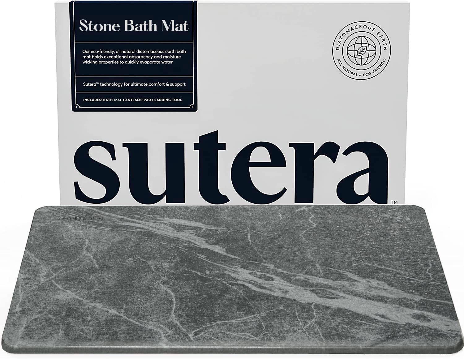 SUTERA stone bath mat front view showing dry surface and modern slate look benefits quick drying