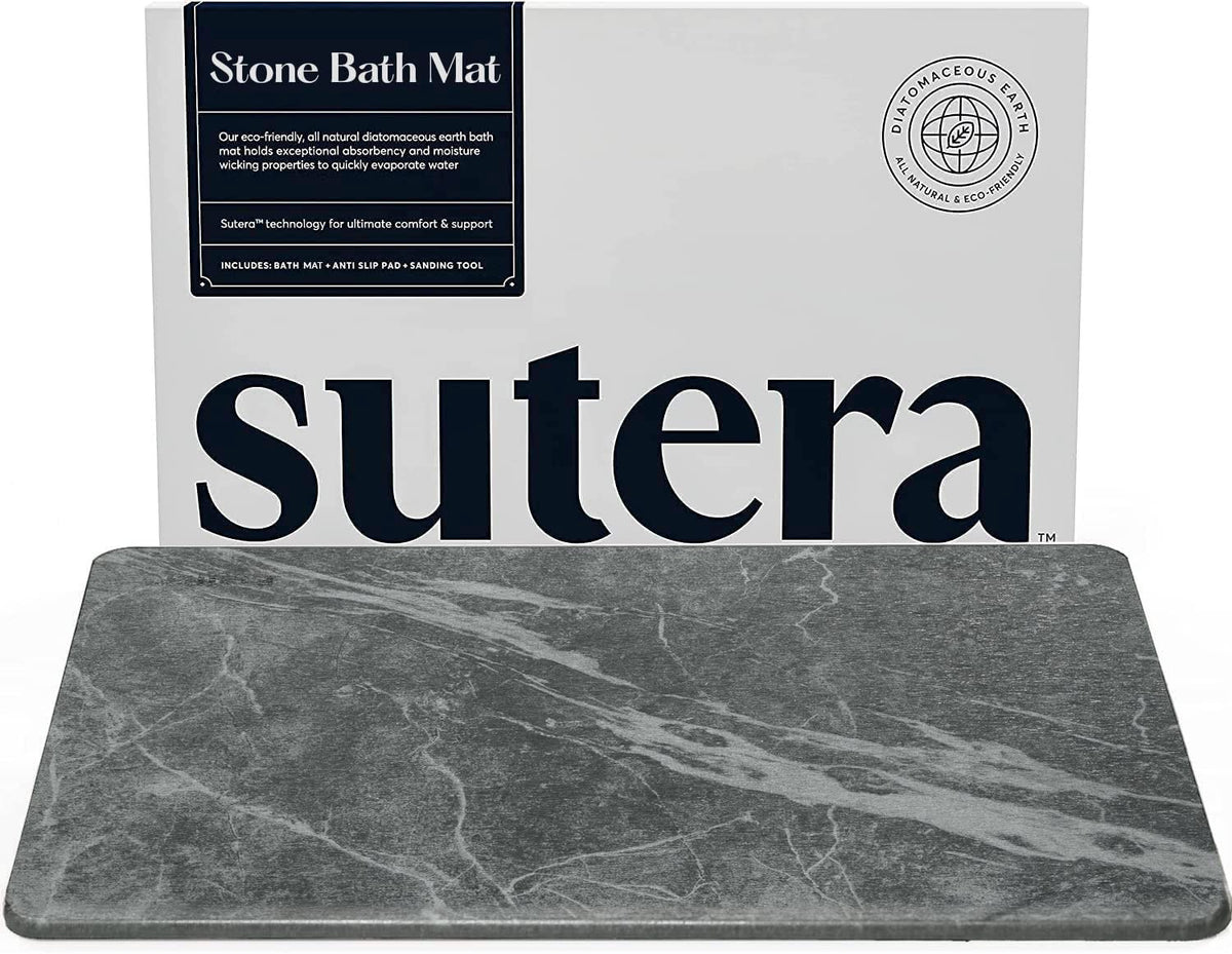 SUTERA stone bath mat front view showing dry surface and modern slate look benefits quick drying