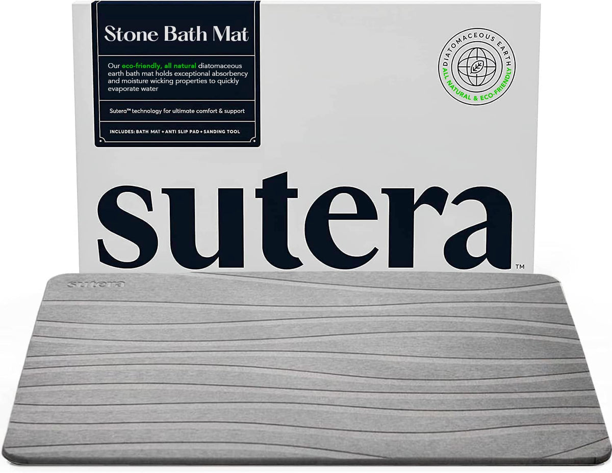 SUTERA stone bath mat front view showing clean gray surface and shape benefit quick-dry