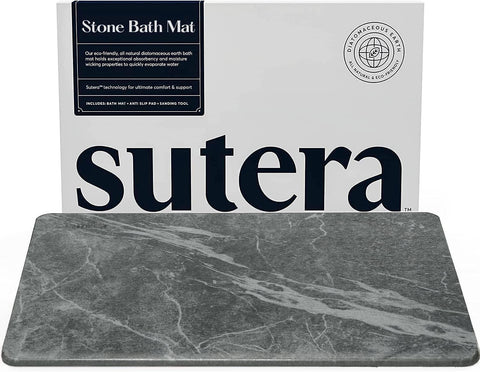 SUTERA stone bath mat front view showing dry surface and modern slate look benefits quick drying