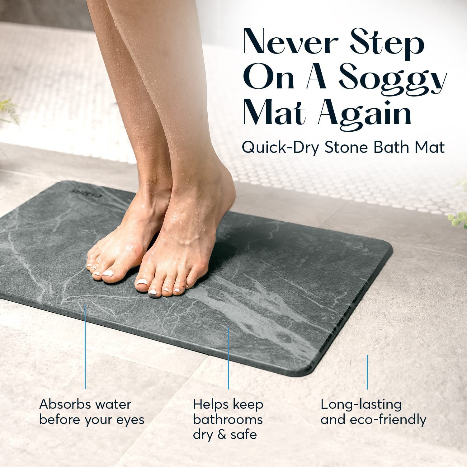 SUTERA stone mat placed by tub in bathroom setting demonstrating dryness and tidy appearance benefit